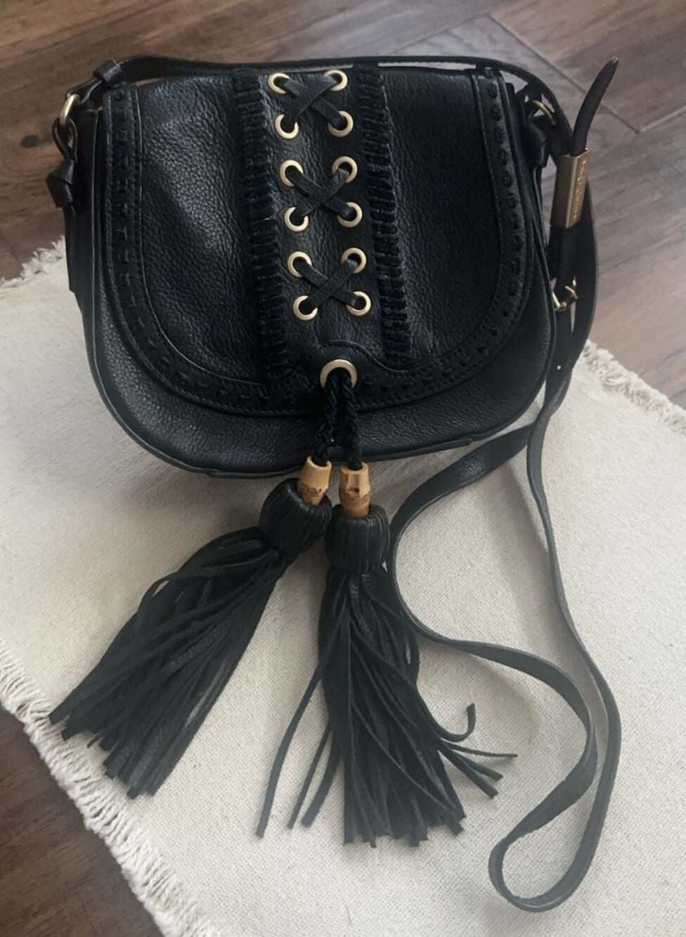 Foley + Corinna Black Leather Crossbody Bag with Tassels